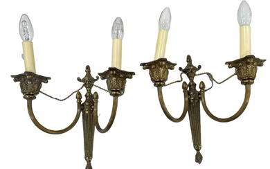 A pair of brass two branch wall lights, height approx...