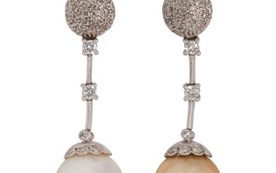 A pair of cultured South Sea pearl, diamond and 18k white gold earrings