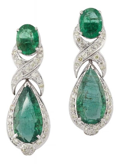 A pair of emerald and diamond pendant...