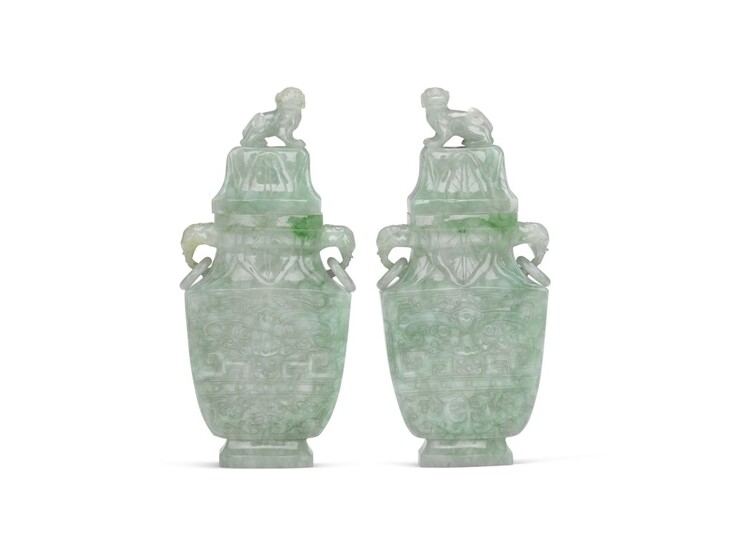 A pair of jadeite vases and covers, Qing dynasty, 19th century | 清十九世紀 翠玉饕餮紋象耳活環蓋瓶一對, A pair of jadeite vases and covers, Qing dynasty, 19th century | 清十九世紀 翠玉饕餮紋象耳活環蓋瓶一對