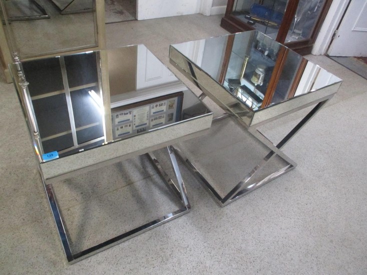 A pair of modern as new mirrored lamp tables with chrome cro...