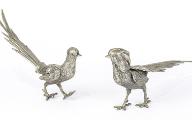 A pair of silver tone metal table pheasants Some warpin...