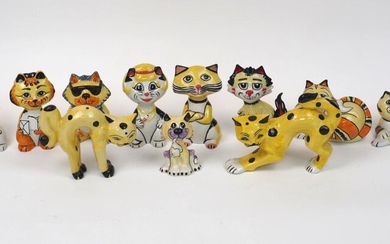 A quantity of Lorna Bailey pottery cats, 20th century and later, to include various designs of black and yellow colour way, two stylised stretching cats, one with signature to leg, 13cm high, the rest with artist signature to bases, tallest 13.5cm...
