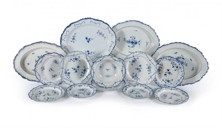A selection of Staffordshire blue and white pearlware dinner wares with feuilles de choux rims