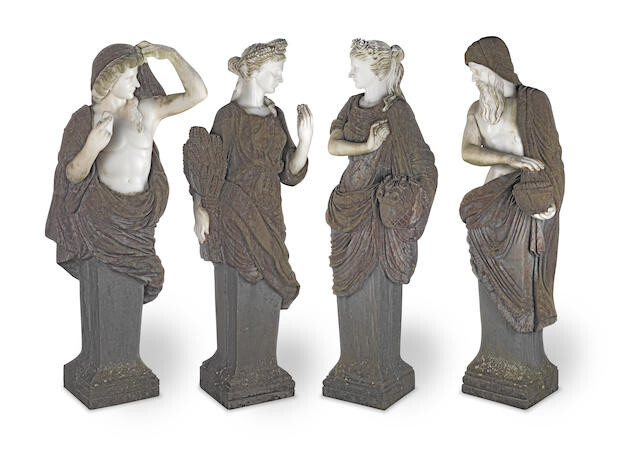 A set of four 20th century carved white marble and variegated composition stone term figures of the four seasons in the manner of Pierre le Gros, the Elder