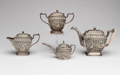 A three-piece silver tea service and a small jug with cover, Nepal