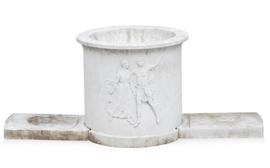 NOT SOLD. A white marble fountain carved with courtening figures. Denmark, early 20th century. H. 68 cm. Diam. 73 cm. – Bruun Rasmussen Auctioneers of Fine Art