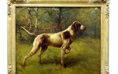 AMERICAN SCHOOL POINTER HUNTING DOG OIL PAINTING c 1909 An outstanding period early 20th century