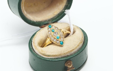 AN ANTIQUE DIAMOND SEED PEARL AND TURQUOISE RING IN 18CT GOLD, RING SIZE O, 2.3GMS