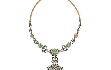 AN ANTIQUE EMERALD AND DIAMOND PENDANT NECKLACE in yellow gold, in scrolling foliate design, the