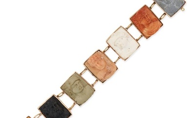 AN ANTIQUE HARDSTONE AND LAVA CAMEO BRACELET in yellow gold, comprising a row of seven hardstone and