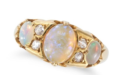 AN ANTIQUE OPAL AND DIAMOND RING in 18ct yellow gold, set with three cabochon opals accented by old