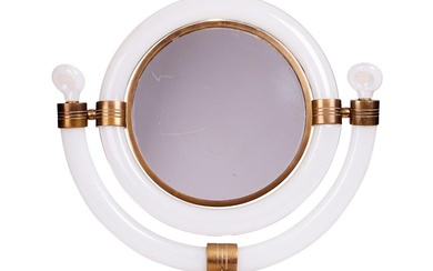 AN ITALIAN WHITE OPALESCENT GLASS AND BRASS MOUNTED DRESSING MIRRORBY SEGUSO, CIRCA 1955