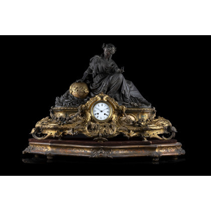 ANONYMOUS Bronze, metal and marble clock depicting the Allegory of Progress, on a wooden base. France, last quarter of the...