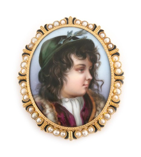 ANTIQUE HAND-PAINTED PORCELAIN, GOLD, PEARL AND ENAMEL BROOCH Oval plaque in the style of KPM, depicting a German boy. Unmarked. Hei...