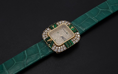 AUDEMARS PIGUET, A LADIES GOLD WRISTWATCH SET WITH DIAMONDS AND EMERALDS AND A PAVED DIAL