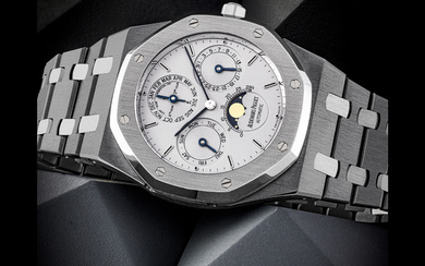 AUDEMARS PIGUET. AN EXTREMELY RARE LIMITED EDITION PLATINUM AND TANTALUM AUTOMATIC PERPETUAL CALENDAR WRISTWATCH WITH LEAP YEAR INDICATOR, MOON PHASES AND BRACELET, MADE TO CELEBRATE THE 25TH ANNIVERSARY OF ROYAL OAK ROYAL OAK QUANTIEME PERPETUEL...