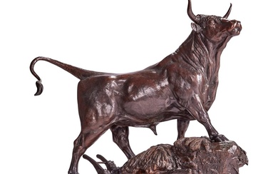AUGUSTE-NICOLAS CAIN (FRENCH 1821-1894) A LARGE BRONZE FIGURE OF A BULL, LATE 19TH CENTURY