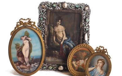 After Francoise Gerard, French 1770-1837- Madame Recamier; portrait miniature, held in a filigree metal frame mounted with paste simulated semi-precious stones and mother-of-pearl, 10.5x6.8cm: European School, late 19th/mid-late 19th century- Venus...