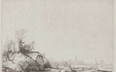 After Rembrandt Harmesz. Van Rijn (Leiden 1606 - 1669 Amsterdam), De omval, 1645, resp. farms at a waterside: a view op Ouderkerk aan de Amstel, ca 1641 (2x) .