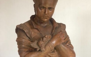 Albert Rollé (1816-?) - Sculpture, Bust of a young woman holding a bird - 50 cm (1) - Romantic - Ceramic - Second half 19th century