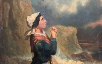 Alfred Emile Leopold STEVENS (1823-1906) Femme en prière devant la tempête. Huile sur panneau signé...
