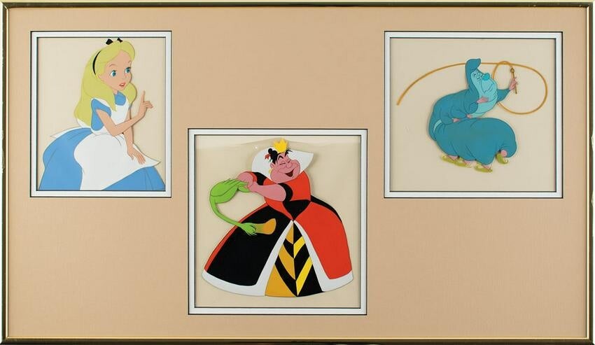 Alice, Queen of Hearts, and Caterpillar production cels