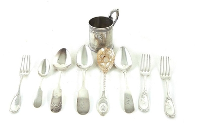 American coin silver cup and flatware (9pcs)