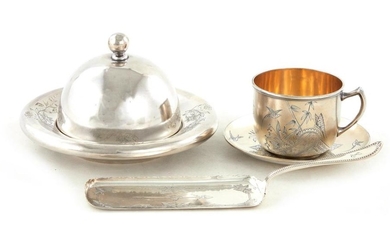 American silver butter dome, cup with saucer, and crumber (3pcs)