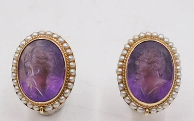 Amethyst Cameo and Seed Pearl Clip Earrings