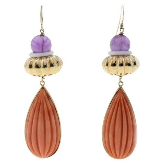 Amethysts , Engraved Red Coral Drops, White Agate