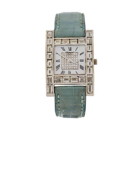 An 18ct white gold and diamond 'Your Hour' quartz wristwatch by Chopard, the mother-of-pearl square dial with Roman numerals and central single-cut diamond square cluster, to baguette-cut diamond bezel and lugs, with maker's square-cut diamond set...