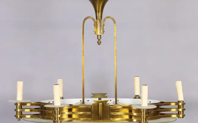 An Art Deco brass and frosted glass eight-light chandelier, 20th century, the...