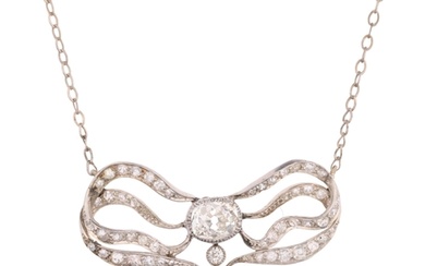 An Art Nouveau French diamond ribbon bow pendant necklace, c...