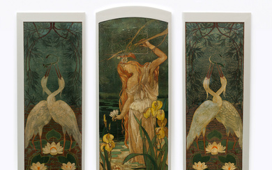 An Art Nouveau-period three-piece folding screen depicting a nymph and storks. Mixed media (chromol