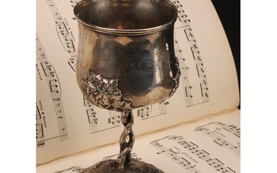 An Arts and Crafts silver coloured metal goblet, cast and ch...