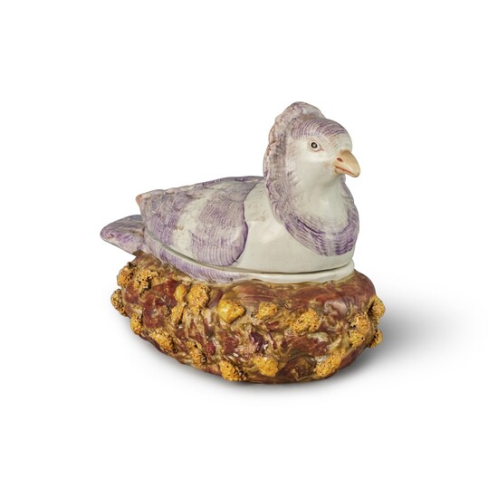 An English Pearlware Polychrome Box and Cover in the form of a Nesting Pigeon, Early 19th Century