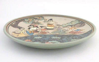 An Oriental plate, the unglazed centre decorated with a