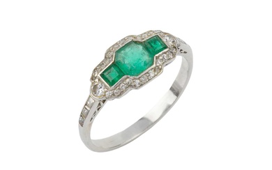 An emerald and diamond Art Deco style ring, the central...