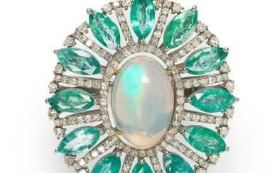 An opal, emerald and diamond ring