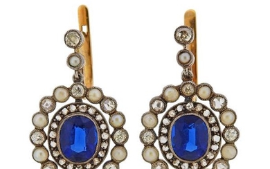 Antique 18k Gold Diamond Pearl Blue Stone Earrings