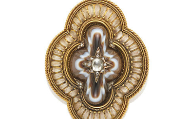 Antique Agate, Diamond, Enamel and Gold Brooch