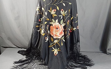 Antique Asian Embroidered Black Fringe Shawl