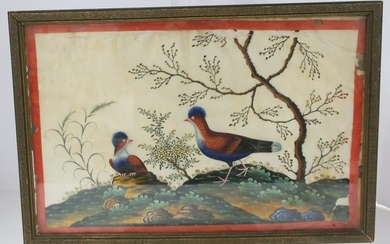 Antique Asian Painting of Birds on Silk