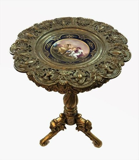 Antique Bronze And Wood Table With Plate Royal Vienna