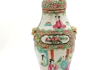 Antique Chinese Cantonese baluster vase with cover terminati...
