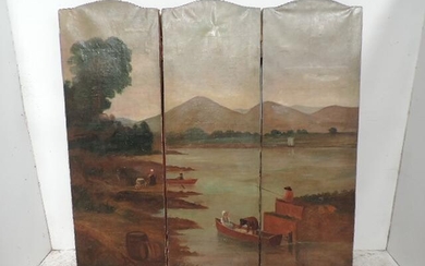 Antique Continental Three Section Painted Canvas Screen of Italian...