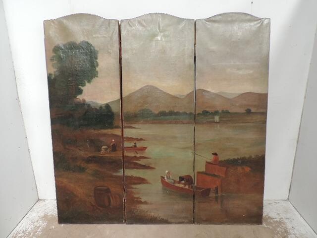 Antique Continental Three Section Painted Canvas Screen of Italian...
