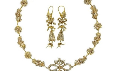 Antique Filigree 18k Gold Seed Pearl Earrings Necklace
