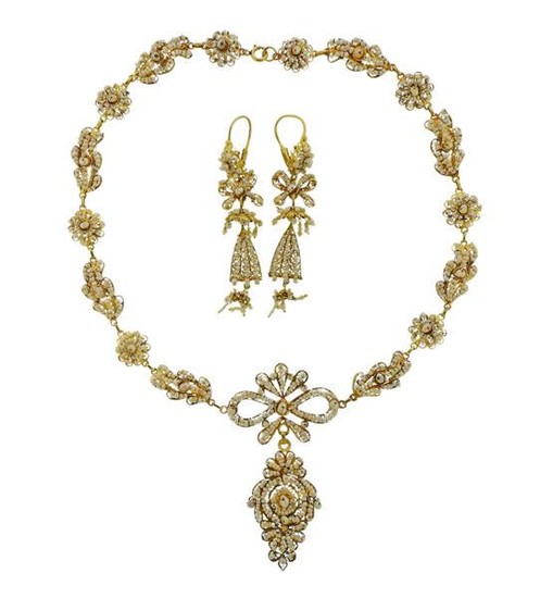 Antique Filigree 18k Gold Seed Pearl Earrings Necklace